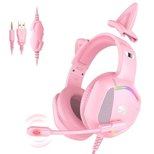 IMYB Gaming Headset mit Katzenohren abnehmbaren, RGB-Licht, Stereo Surround Noise Cancelling, Mikrofon für PC, PS4, PS5, Xbox One X/S, Switch, Mac, Laptop (Rosa)