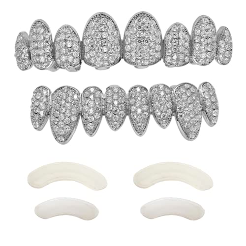TSANLY Grillz mit Diamanten, vergoldet 14 Karat, Ober- und Unterdeckel, Sieht aus wie echte Diamanten, Klassische Box + Mikrofasertuch, Silikon Strassstein Metall, N/A