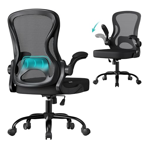 SONGMICS Bürostuhl ergonomisch, Drehstuhl mit Netzgewebe, Schreibtischstuhl mit Lendenstütze, Wippfunktion, klappbare Armlehnen, für Arbeitszimmer, Schlafzimmer, tintenschwarz OBN042BH02