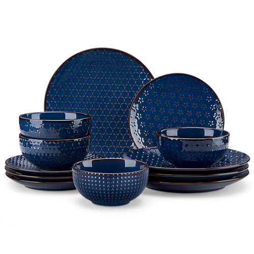 MALACASA Geschirrset für 4 Personen, 12 tlg Steingut Geschirr Handmade mit Teller set, Dessertteller, Tafelservice Modern Mit Relief, Serie LYDIA Blau