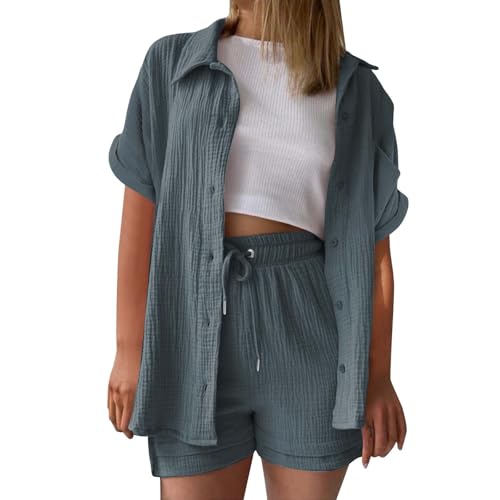 UXSELKCD sommer outfits damen, musselin bluse damen leinen shirt zweiteiler outfits set 2 teiler kleidung oversized loungewear für clothes pyjama elegant summer two piece kleid suits