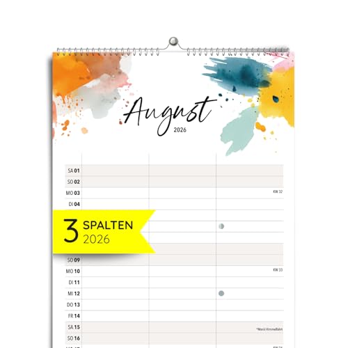 heaven+paper Paarplaner 3 Spalten Aquarell Kunst - Kalender für zwei 2026 mit Feiertagen, Schulferien, Mond - Wandkalender 2026 Familienkalender (Happy Splash, 3 Spalten)