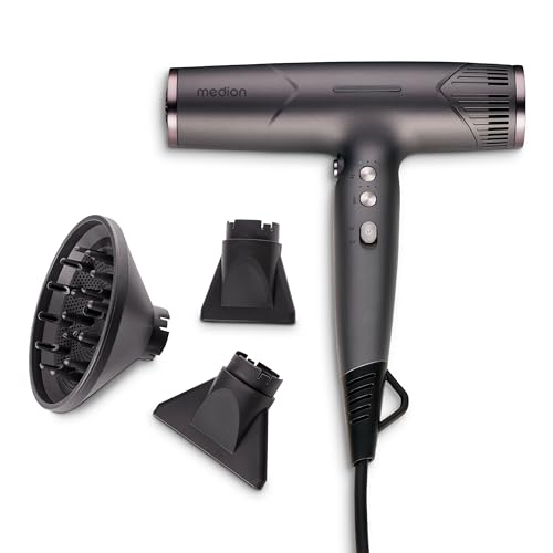 MEDION Föhn - Ionen Haartrockner mit Diffusor HD2 (Ionen, 1.500 Watt, Stylingdüse, vielseitige Aufsätze, leise langlebiger BLDC Motor, Selbstreinigungsfunktion, langes Netzkabel) Haarföhn schwarz