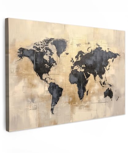 MuchoWow© Bild auf Leinwand Groß 120x80 cm XXL Schlafzimmer Bilder Badezimmer Wand Deko Wohnzimmer Modern Wanddeko Bilderwand Geschenk Weltkarte - Gold - Schwarz - Abstrakt