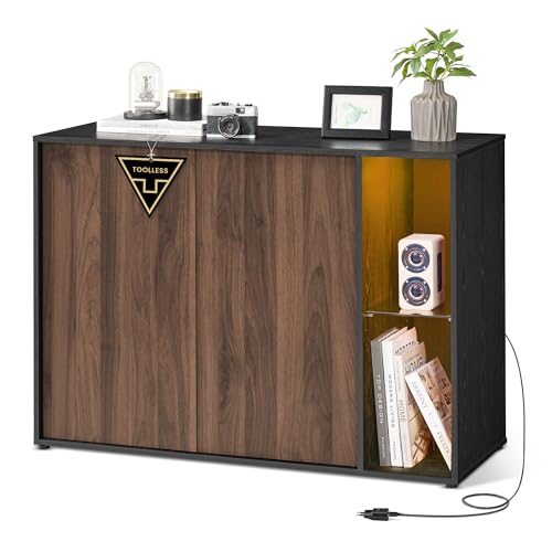 SONGMICS HOME Sideboard, superschnelle werkzeuglose Montage, Toolless-Technologie, Aufbewahrungsschrank Wohnzimmer, TV-Schrank mit LED-Beleuchtung, verstellbare Ablagen, Modern, schwarz BBK372B01
