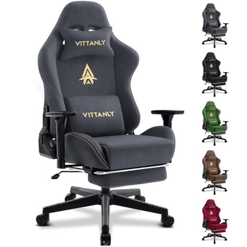 Vittanly Gaming Stuhl, Luxuriöser Wildlederimitat Gaming Chair Bürostuhl, Ergonomischer Schreibtischstuhl mit Fußstütze Kopfstütze und Lendenkissen, 3D Armlehnen, 90-155° Rückenlehne, Grau