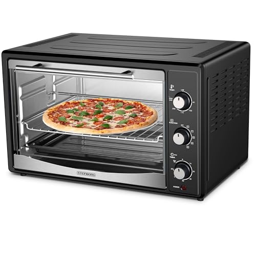Mini Backofen 45 Liter mit Umluft | Elektrischer Drehspieß | 1800 Watt | Umluft Ofen | Pizzaofen | Innenbeleuchtung | Inkl. Backblech und Grillrost | Minibackofen | Kleiner Backofen | Miniofen