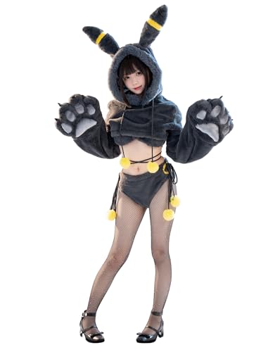 Mobbunny Anime-Cosplay-Dessous, schwarz, Flauschige Pfoten-Hoodie-Dessous-Set für Damen, Flauschiger BH und Höschen, Homewear mit Schwanz (Schwarz, Größe 3 x 4 X)