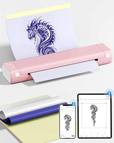PhoFuta Tattoo Drucker, Tattoo Stencil Drucker mit 10 Blatt Stencil Papier für Tattooing, Thermodrucker Tattoo Kompatibel mit IPad & Telefon & PC für Tattoo Künstler und Anfänger DIY Tattoos, Rosa