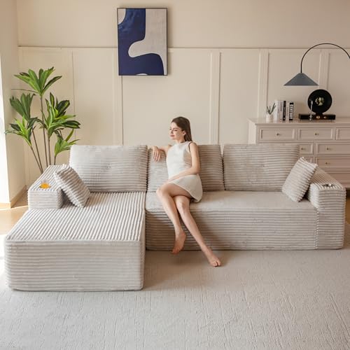 MAXYOYO Modulares Sofa und Chaiselongue, Cloud Boneless Couch, 3-4-Sitzer-Ecksofa Links/Rechts Verstellbar, Cordbezug, Übergroßes L-förmiges Schlafsofa für das Wohnzimmer, Keine Montage Erforderlich