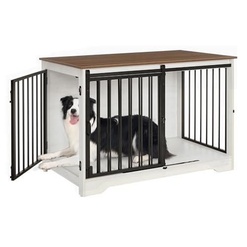 Hzuaneri Hundekäfig Möbel, 100cm hundebox für zuhause, Schiebetüren, 2 Tür, Moderne hundebox Holz Indoor für kleine/mittlere/große Hunde, Hundekäfig für Zuhause, 100 x 60 x 68 cm, Weiß Braun