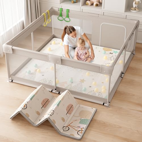 Lertantri Laufstall Baby 150×150cm - XXL Laufgitter Baby mit Spielmatte, Laufgitter mit Atmungsaktivem Netz an Vier Seiten und Saugnäpfen