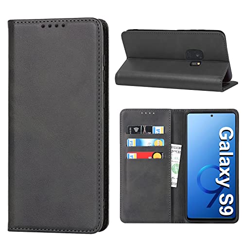 Handyhülle für Samsung Galaxy S9, Leder Wallet Schutzhülle Mit Kartenfach, Standfunktion, Stoßfest, Klapphülle, Flip Case Cover (Schwarz)