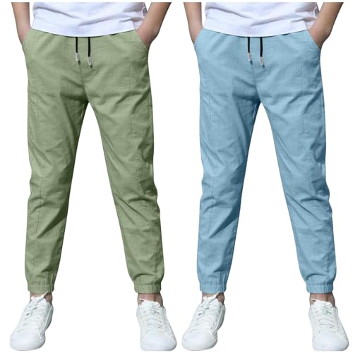 Guqmjde 2er Pack Jogginghose Jungen Leinenhose Baumwolle Leinen Sporthose Anti-Moskito Sommerhose Atmungsaktiv Outdoorhose Leichte Freizeithose Elastische Taille Sweathose Sweatpants Armeegrün 150