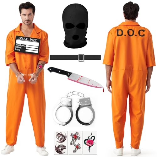 Lozzzyo Häftling Kostüm Karneval Gefängnis Kostüm Orange Herren Prisoner Costume Sträfling Kostüm Herren Faschingskostüme Männer Häftling Karnevalskostüm Knast Kostüm Herren (L)