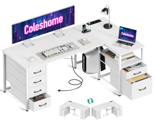 Coleshome Schreibtisch mit Stoff Schubladen, 140x70cm Umkehrbarer Schreibtisch L Form mit Aktenschublade, Eckschreibtisch mit USB-Ladeanschluss und Steckdose, Home Office Schreibtische, Weiß
