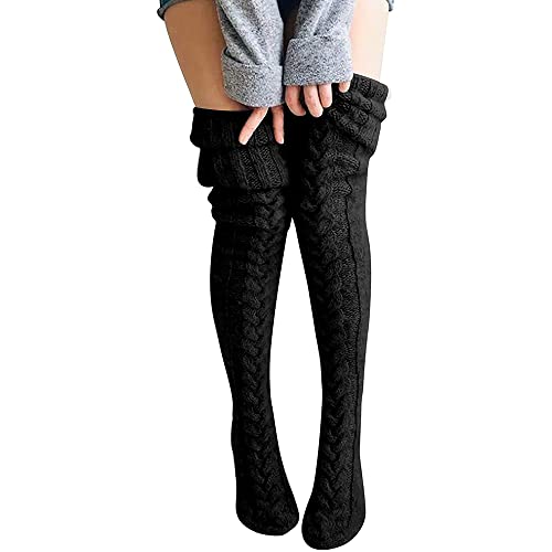 FGFD&OU Damen Strümpfe Strick Overknee Socken Dicke Warme Überknie Kniestrümpfe Trachtenstrümpfe Grobstrick Wintersocken Thermosocken Lange Weihnachtssocken Kuschelsocken für Frauen (Schwarz)