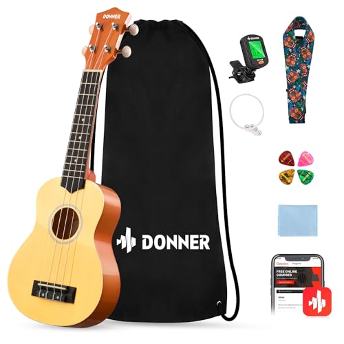 Donner Ukulele für Anfänger Sopran Ukulele Kit 21 Zoll Natur mit Nylon Saiten Hawaii Gitarre