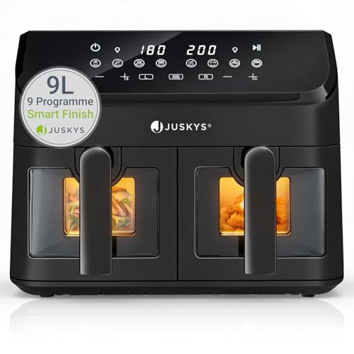 Juskys® Airfryer 9 L Doppelkammer - Heißluftfritteuse 2 Kammern, 9 Programme, beschichtet, XXL Fritteuse