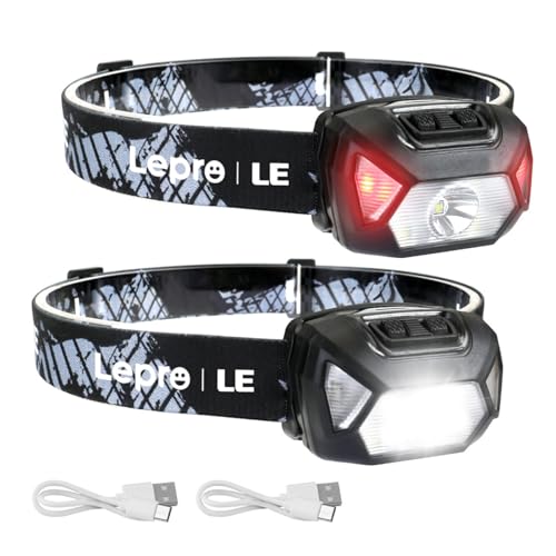 Lepro Stirnlampe LED Wiederaufladbar, 2000 Lux Superhell Kopflampe Stirnlampe mit Rotlicht und 6 Lichtmodi, IPX4 Wasserdicht Stirnleuchte, Ideal für Camping&Joggen, Schwarz, 2 Stück[inkl. USB Kabel]