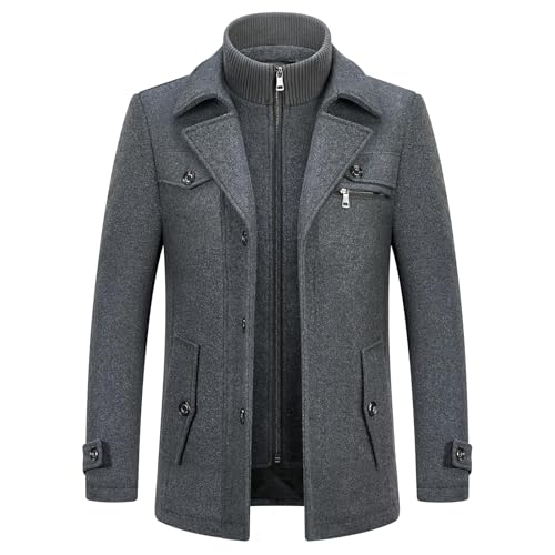 KUDORO Herren Wintermantel Wolle Kurzmantel Herren Wollmantel Mittellang Peacoat Herren Casual Slim Fit für Business Freizeit(Grau2,L)