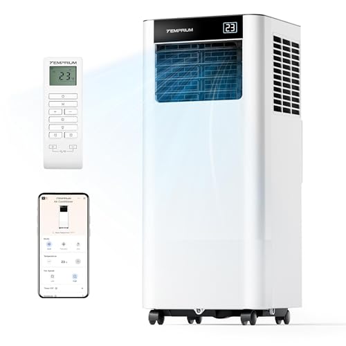 Temprium Mobile Klimaanlage 9000BTU 2,6Kw mit Abluftschlauch | 3-in-1 Mobiles Klimagerät | Fensterabdichtung | APP-Steuerung + Fernbedienung | Leiser Betrieb | 24h-Timer | Für Räume bis 25m²