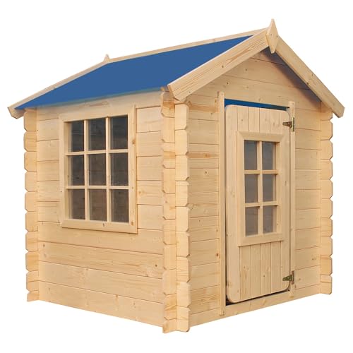 Timbela M570M-1 Kinderspielhaus aus Holz -Spielhaus im Freien für Kinder - 111x113xH121 cm/0.9 m2 Gartenspielhaus - Garten-Sommerhaus für Kinder (Die Dachfarbe ist blau)