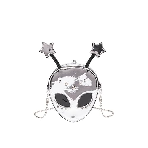 CRGANGZY Schultertasche aus PU-Leder, Alien-Muster, abnehmbare Kette, Damen-Mini-Umhängetasche, Reißverschluss, Umhängetasche for Shopping, Reisen (Silber)