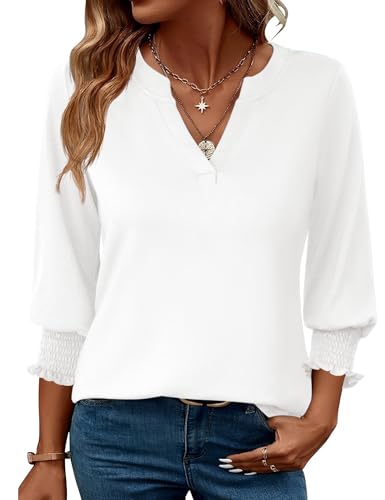 Rapbin Damen Mode Elegant Bluse 3/4 Ärmel langerm Tunika Sommer Top V-Ausschnitt Tunika Lässig Locker Oberteil 2025 (M, Weiß)