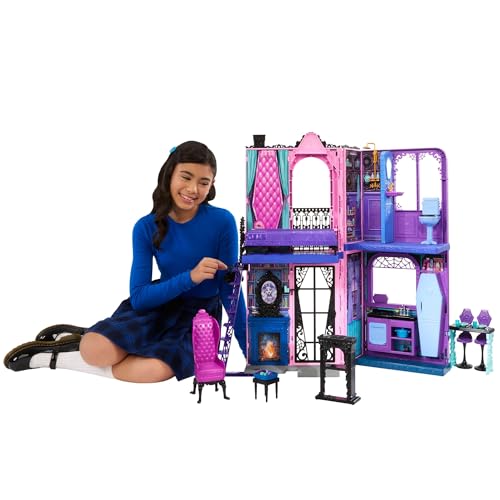 Monster High Buh-tique Hotel Puppenhaus, zusammenklappbares Spielset mit unheimlichen Überraschungen in jedem Raum und mehr als 13 Spielteilen, darunter Möbel und Zubehörteile, JBF16