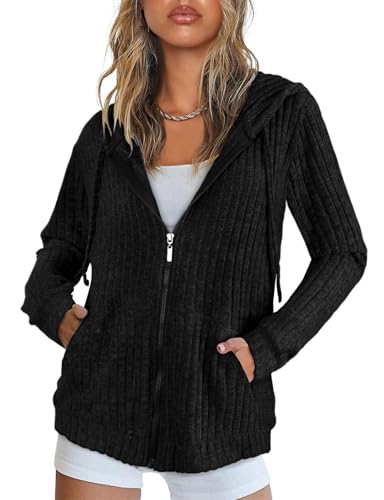 Flikity Damen Hoodie mit Reißverschluss Sweatshirt Jacke Damen Sweatjacke mit Kapuze Zip Hoodie Jacke Sommer Herbst Kleidung Schwarz XL