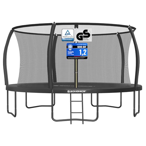 SONGMICS Trampolin 427 cm d, Gartentrampolin für Kinder mit Sicherheitsnetz, 180 cm hohe Gebogene Stangen, Randabdeckung, Leiter, Stahlrahmen, schwarz STR142BZ01