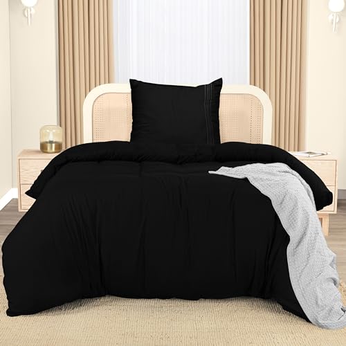 Utopia Bedding Bettwäsche 135x200 Set - Mikrofaser Bettbezug 135x200 cm + 1 Bestickte Kissenbezug 80x80 cm - Schwarz