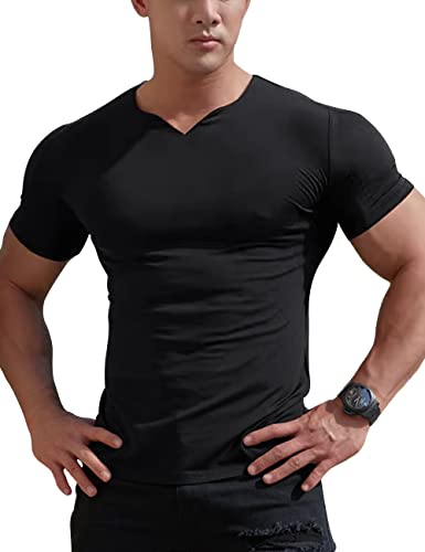 Herren Mesh Athletic T-Shirts mit geteiltem V-Ausschnitt für Fitnesstraining Bodybuilding Color Schwarz Size L