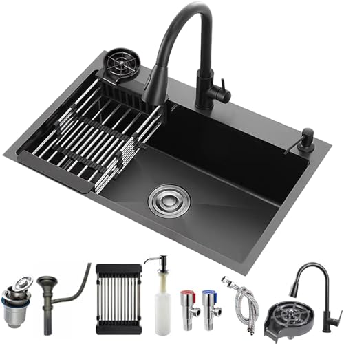 Spüle Schwarz mit Armatur – Spülbecken Set mit Tassenwascher, Seifenspender, Abtropfkorb & Ablaufgarnitur | Nano Edelstahl Küchenspüle 1 Becken für Küche, Bar oder Wohnmobil (50 * 45cm)
