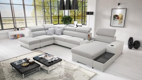 IM SOFA PERS V XXL Ecksofa U-Form mit Bettfunktion Wohnlandschaft Couch Wohnzimmer freistehend verstellbare Kopfstützen 3 Dekokissen modernes (Hellgrau Luxo + Weißes Kunstleder, Rechts)