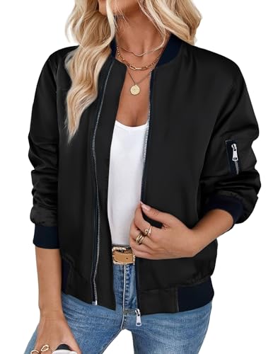 ZEAGOO Blouson Damen Herbst Dünn Bomberjacke Vintage College Jacke Lässig Coat mit 2 Taschen Reißverschluss Schwarz L