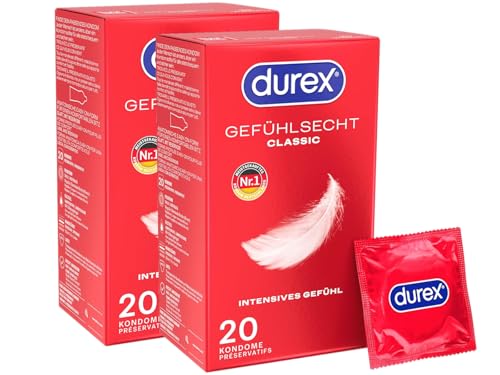 Durex Gefühlsecht Classic Kondome – 40 Hauchzarte Kondome für intensives Empfinden und innige Zweisamkeit - 2 x 20 Stück
