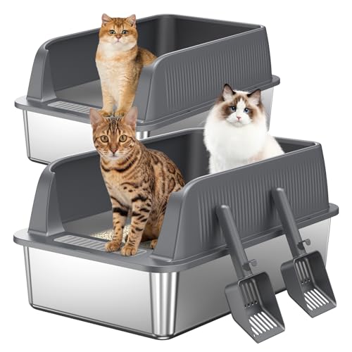 Edelstahl Offene Katzentoilette – extra große Katzentoilette mit hohen Seitenwänden für große Katzen, herausnehmbare Tiefe Wanne, inkl. Schaufel & Einstiegshilfe, Dunkelgrau, 2 Stück