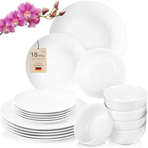 SÄNGER | Tafelservice New Port weiß, 18-teiliges Geschirrset für 6 Personen aus Porzellan, Hochzeitsteller, Speiseteller, Müslischalen | PREMIUM COLLECTION