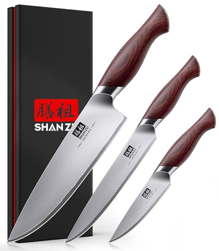 SHAN ZU Messerset 3-teilig, Japanisches Küchenmesserset aus 10Cr15MoV Edelstahl, Ultrascharfes Profi Kochmesserset mit Ergonomischem Holzgriff, Kochmesser, Allzweckmesser, Schälmesser - OKINAWA Series