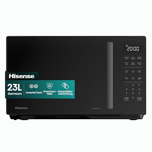 Hisense H23MOBS4HI Mikrowelle /23 L /900W /InverterTech/Keramikbeschichtung/Premium Glas/Maßgeschneidert, Mehrphasiges Kochen/Auftaufunktion/10 Leistungsstufen/Kindersicherung/Schwarz