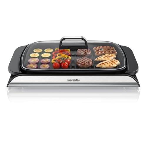 Arendo - Tischgrill Elektrogrill Edelstahl - mit Glasdeckel – extrastark 2000 Watt - Steaks, Würstchen, Fisch, Meeresfrüchte, Gemüse, Pilze u.v.m. - für Balkon, Garten, Indoor - Antihaftbeschichtung