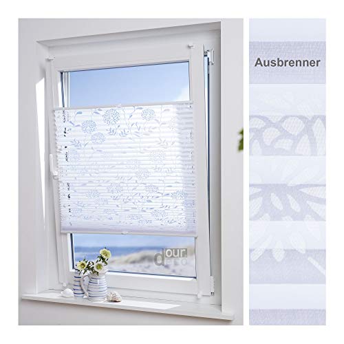 ourdeco® Plissee Ausbrenner mit Blumenmotiv; 75 x 210 cm weiß, Blumenmotiv durchsichtig, lichtdurchlässig/Klemmen=Montage ohne Bohren=Smartfix=Klemmfix-Plissee=Easy-to-fix