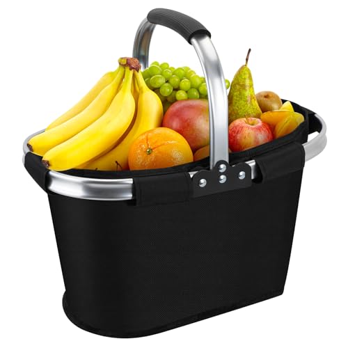 21L Faltbar Einkaufskorb, Picknickkorb Tragekorb Groß Familie Einkaufstasche Praktischer Einkaufen Korb mit Gepolsterten Griffen Stabiler Korb Schwarz - ideal für Reisen Picknick Einkaufen Geschenk