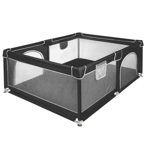Belfoyer Laufstall Baby 120x160 cm – Baby Laufgitter aus Oxford Stoff mit Netz, rutschfest, mit Aufbewahrungstasche(120x160x66cm Schwarz)