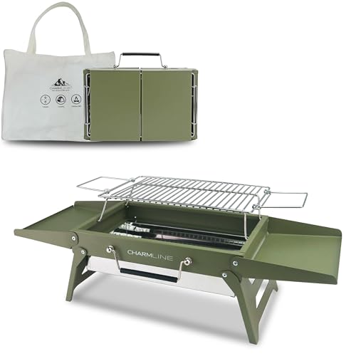 Charmline Tragbarer Holzkohlegrill, Klappbarer Campinggrill 35 x 23 cm für 1–3 Personen, Mini BBQ Grill für Balkon, Garten, Camping, Picknick und Strand, Grün