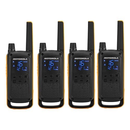 Motorola Solutions – T82 Extreme Quad-Set, Walkie Talkie Talkabout, tragbares Funkgerät mit 4 Einheiten, UHF, Schwarz und Gelb, Reichweite bis zu 10 km, einfache Kopplung, LED-Taschenlampe