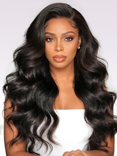 Perücke Damen Echthaar Body Wave Real Human Hair Wig Brasilianisch Glueless 13x6 HD Lace Front Wigs for Black Women Natural Black Pre Plucked Hairline for All Occasions 34 Zoll (86cm)