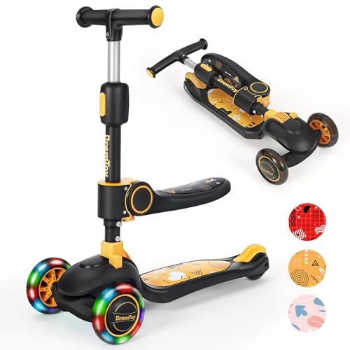 BremToy Kinderroller mit Sitz, Kinder Roller mit Stufenlos Verstellbarer Lenker, Tretroller mit PU Rädern, Faltbarer Kinder Roller für Kinder 1–8 Jahren, Gelb